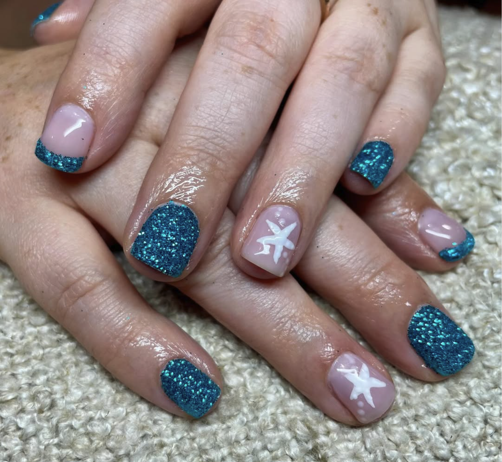 beach-blue-starfish-nail-design-images-salon-spa-chestertown Iridescent nail design with texture by Melanie at Images Salon & Spa